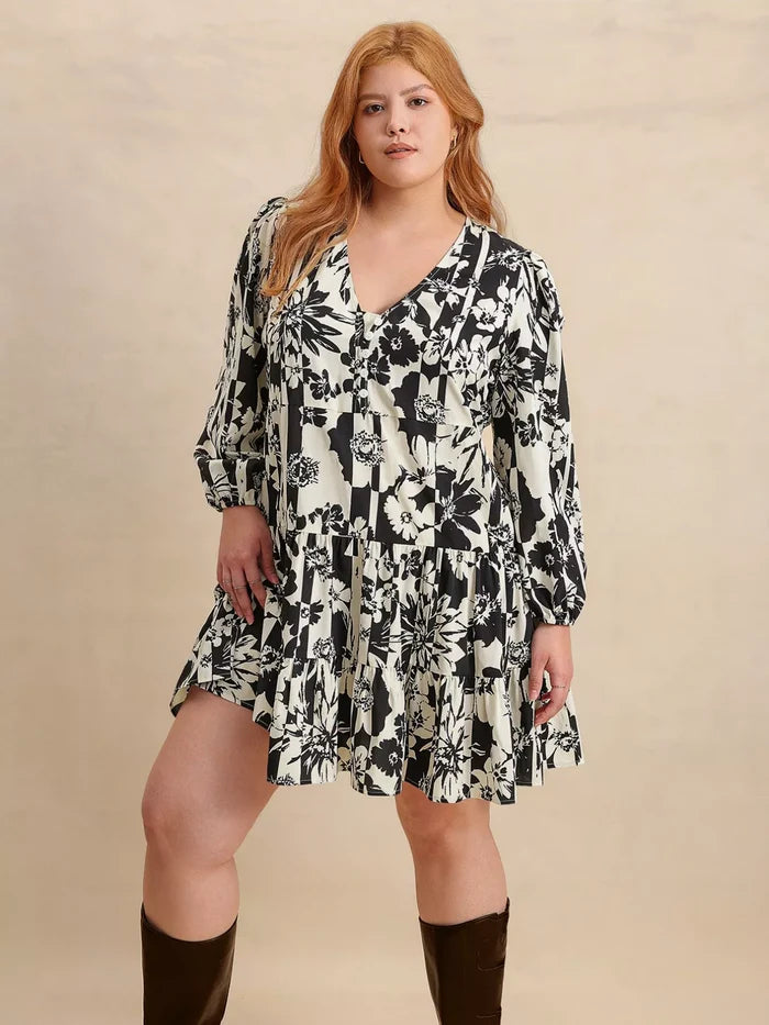 Plus Size Printed V-Neck Long Sleeve Mini Dress - Dresses