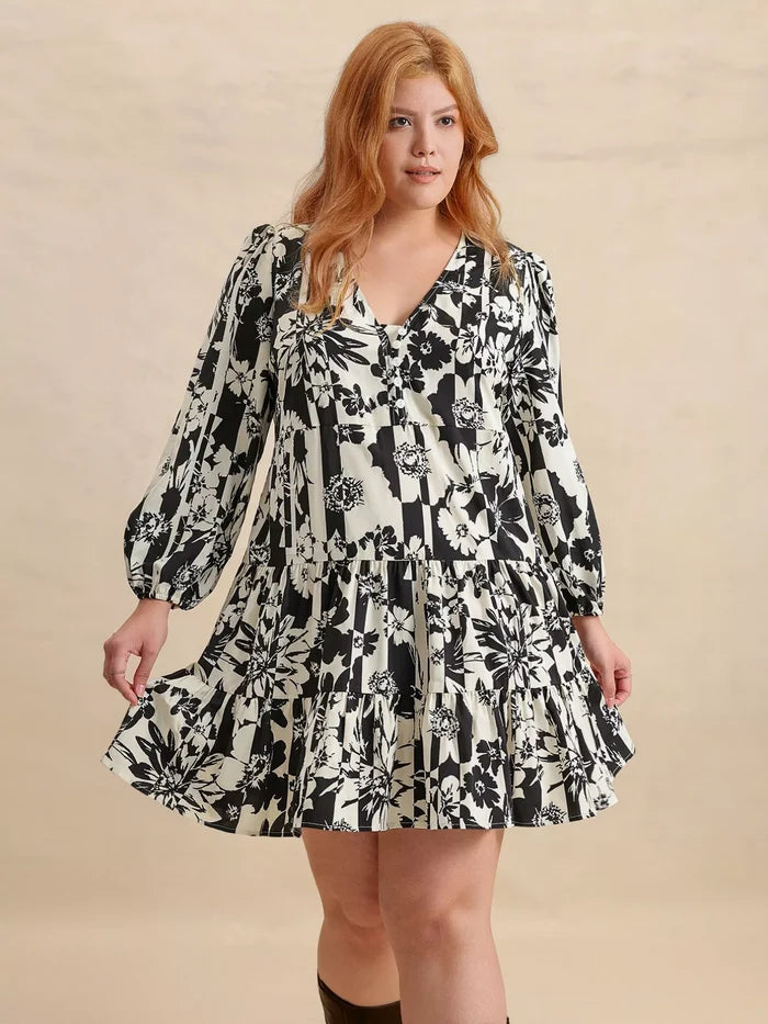 Plus Size Printed V-Neck Long Sleeve Mini Dress - Dresses