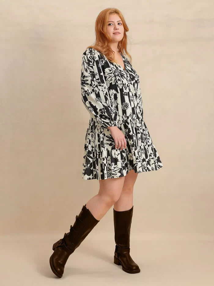 Plus Size Printed V-Neck Long Sleeve Mini Dress - Dresses