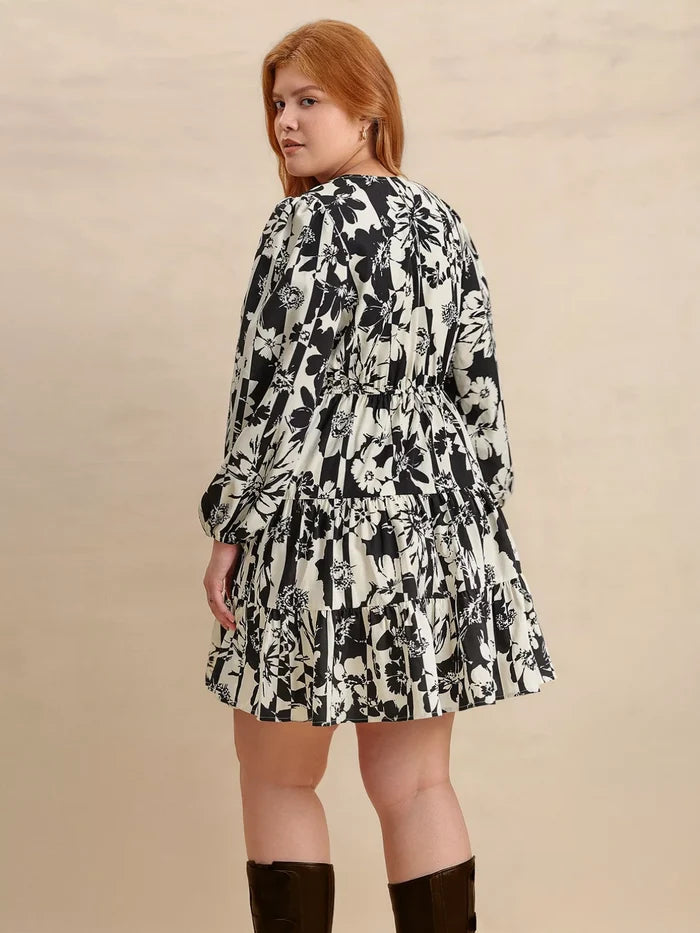 Plus Size Printed V-Neck Long Sleeve Mini Dress - Dresses
