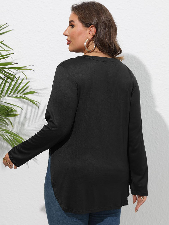 Plus Size Round Neck Long Sleeve Slit Blouse - Blouses