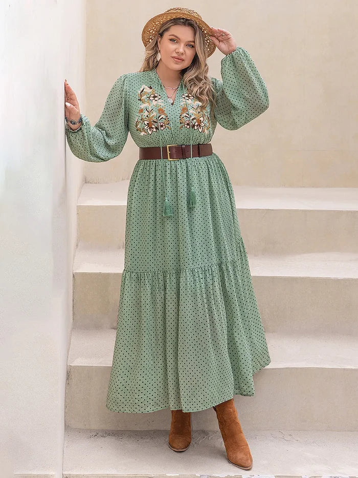 Plus Size Tassel Printed Tie Neck Long Sleeve Midi Dress - Dresses