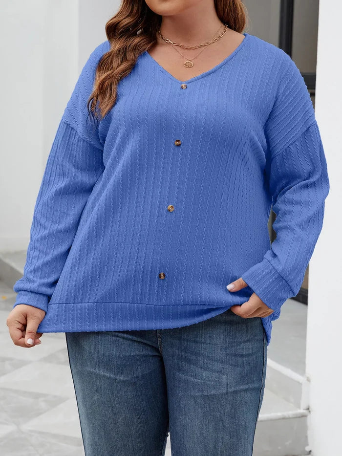 Plus Size V-Neck Dropped Shoulder Blouse - Blouse