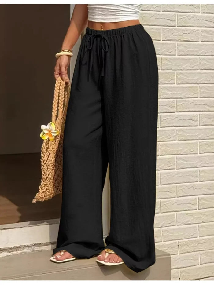 Plus Size Wide Leg Drawstring Pants Black - Pants