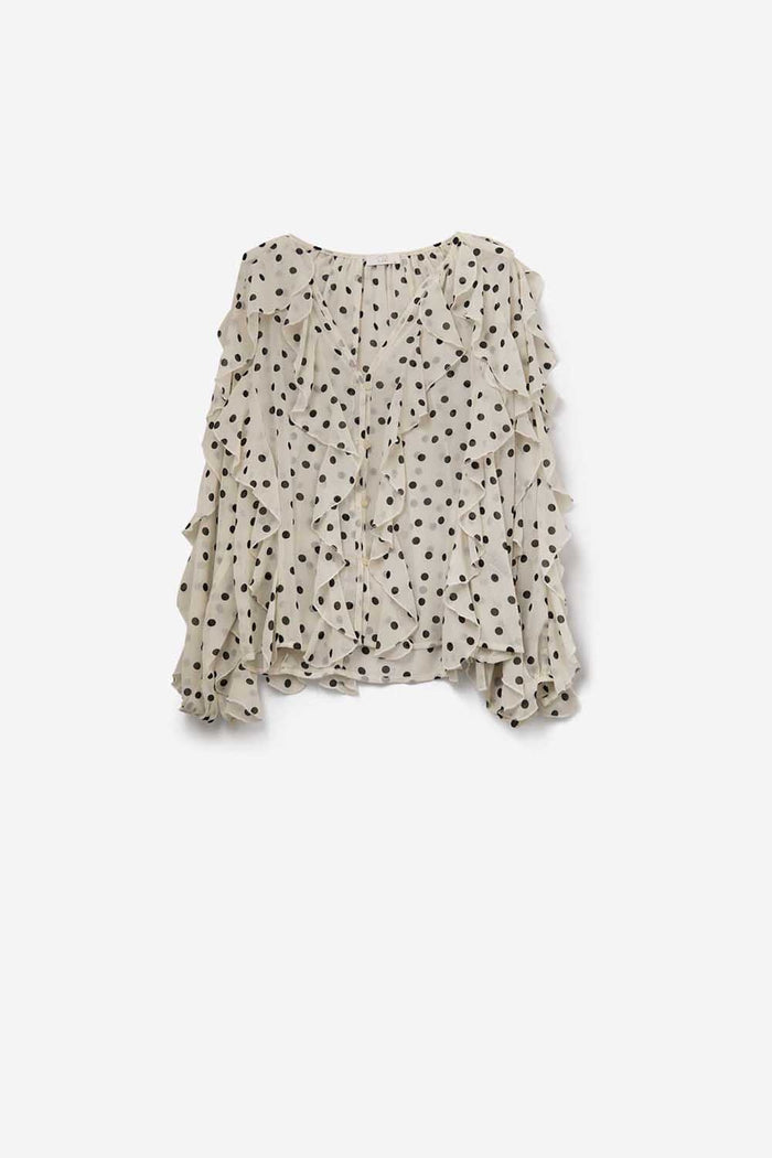 Polka Dot Button-Up chiffon Shirt with Ruffles - Shirts