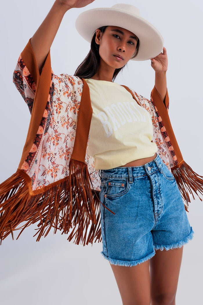Printed kimono with fringe detail in brown