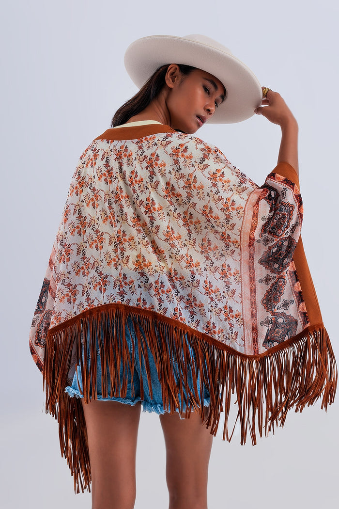 Printed kimono with fringe detail in brown