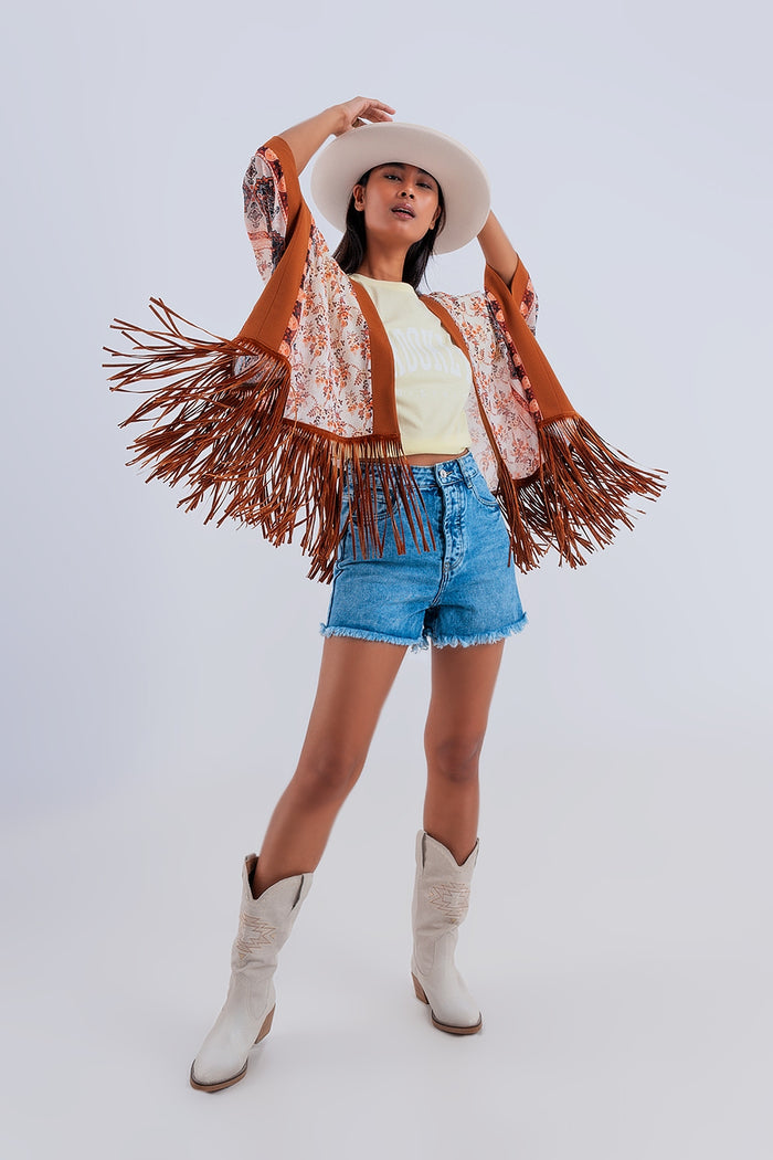 Printed kimono with fringe detail in brown