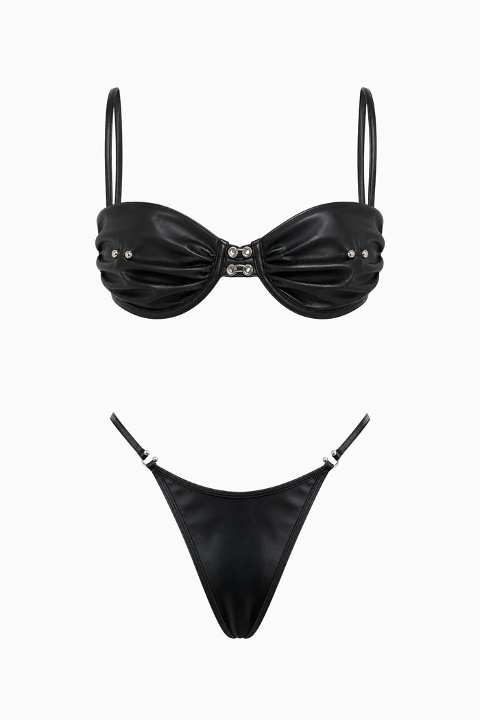 PU Leather Pierced Bra & G-String Set Black – Size S | Archive Sample