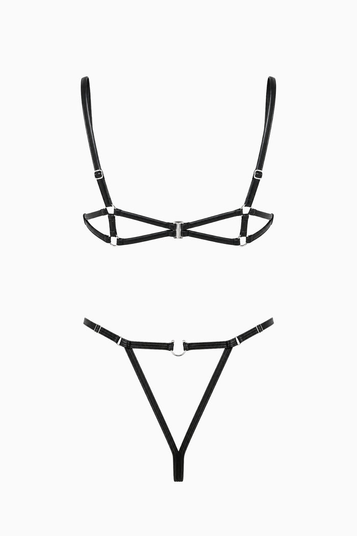 PU Leather Pierced Bra & G-String Set Black – Size S | Archive Sample