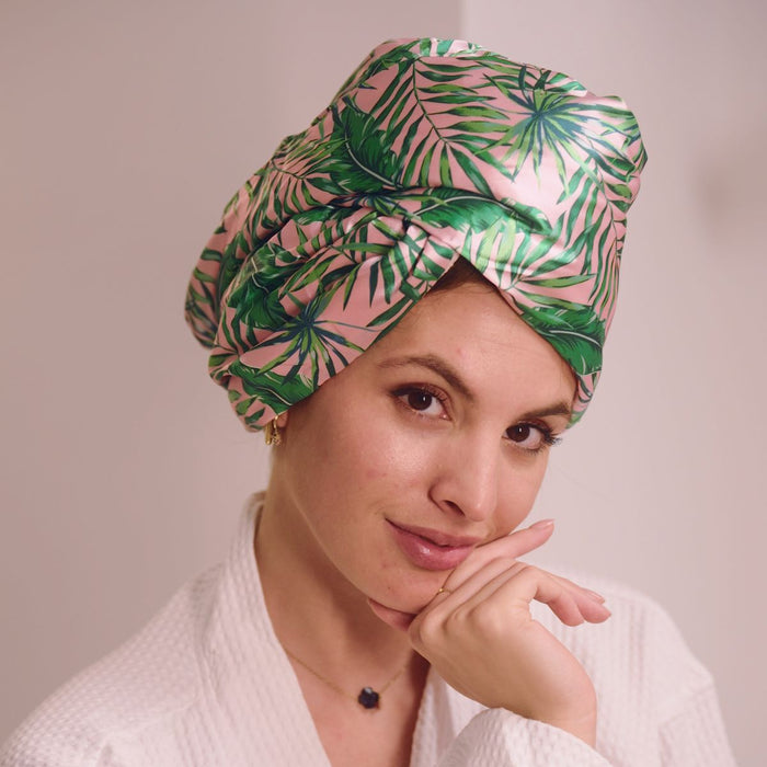 Quick Dry Satin Hair Towel Turban - Palm Print - Hair Turban