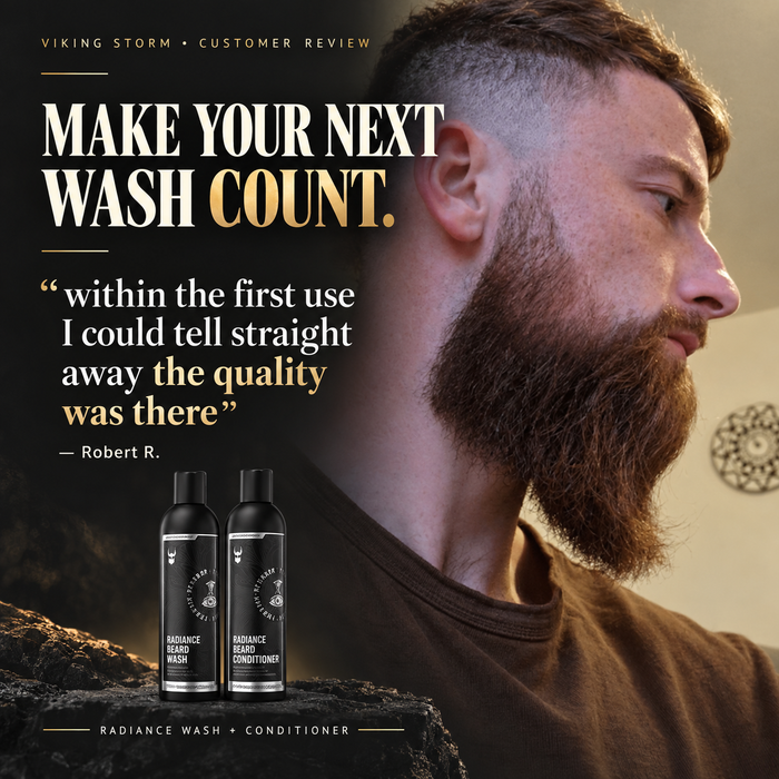 Customer review of the Radiance Beard Wash and Conditioner bundle in Viking Storm from Robert R. with a trimmed auburn beard, headline Make Your Next Wash Count