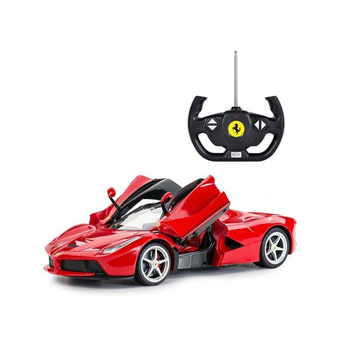 Rastar 1:14 Ferrari LaFerrari RC car in red shown from a front 3/4 angle with both scissor doors open, displayed alongside the Ferrari-branded steering wheel remote controller.