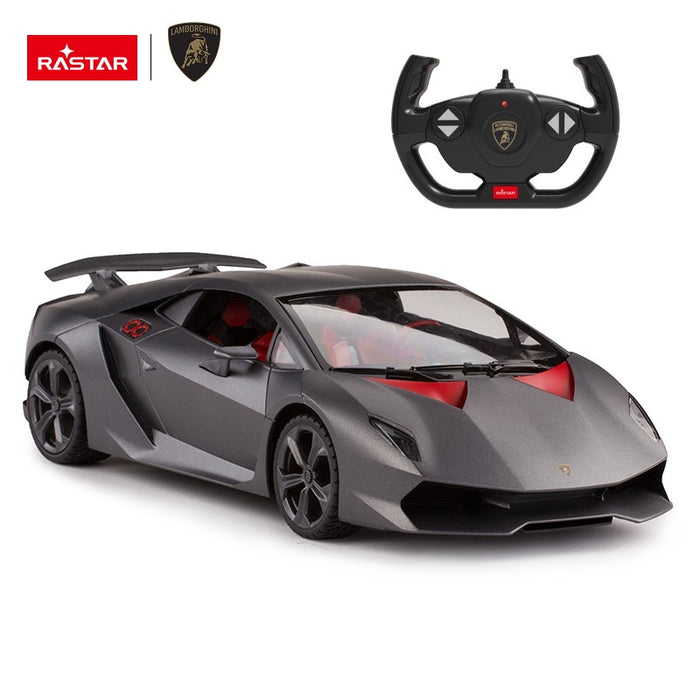 Rastar 1:14 Lamborghini Sesto Elemento RC car in matte grey displayed in rear 3/4 view with prominent rear wing and red interior visible through the panoramic roof, shown with its Lamborghini-branded controller.