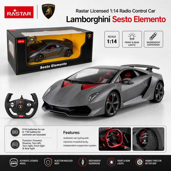 Product infographic for the Rastar Licensed 1:14 Lamborghini Sesto Elemento RC car showing the retail box, the matte grey car, and the remote controller, with feature icons for 1:14 scale, front and rear LED lights, and independent suspension, plus battery requirements (5 AA for car, 1 9V for controller).