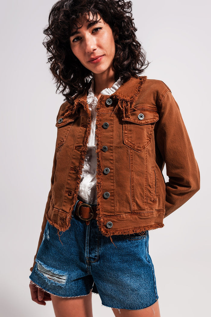 Raw edge denim jacket in brown