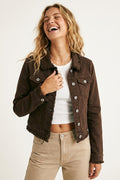Raw edge denim jacket in chocolate color