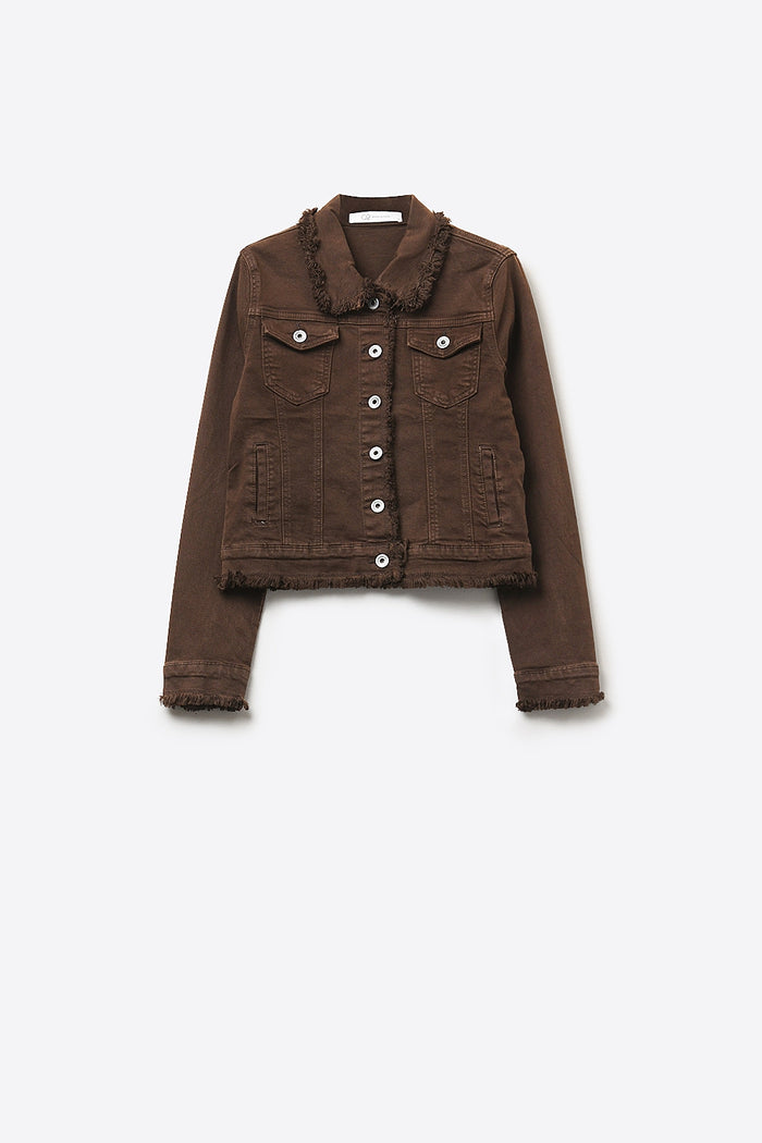 Raw edge denim jacket in chocolate color