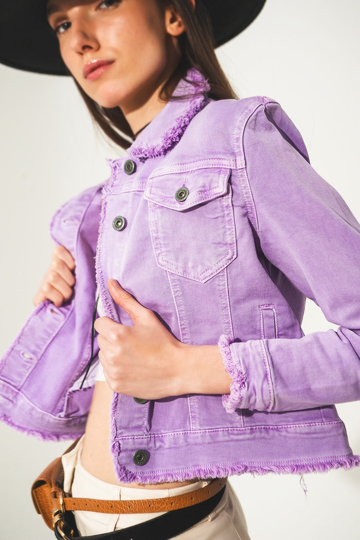 Raw edge denim jacket in purple