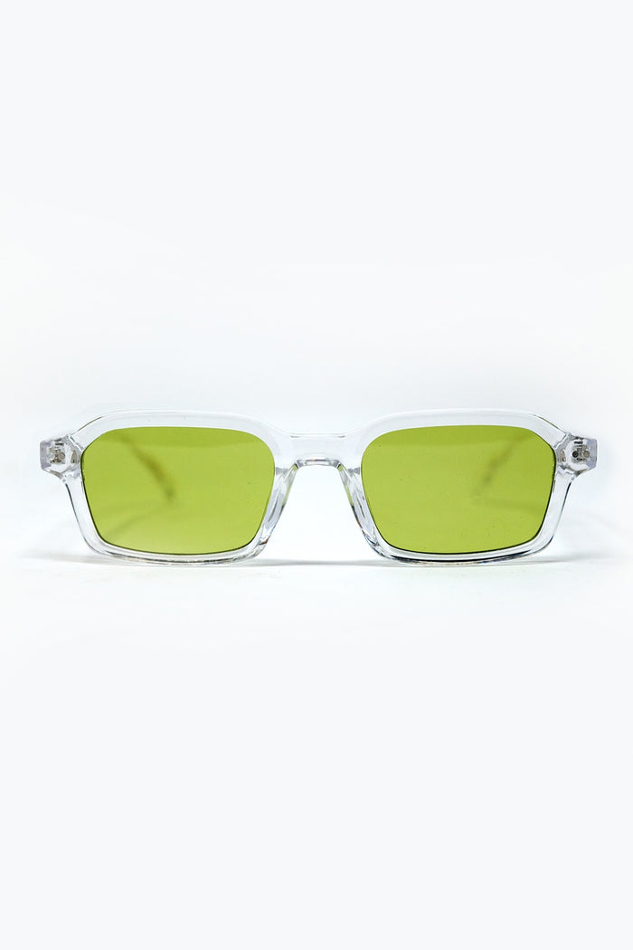 Rectangular Thick Acetate Clear Frame Sunglasses  With Green Smoke Lense