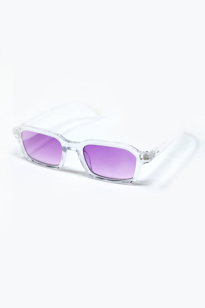 Rectangular Thick Acetate Clear Frame Sunglasses  With Purple Smoke Lense