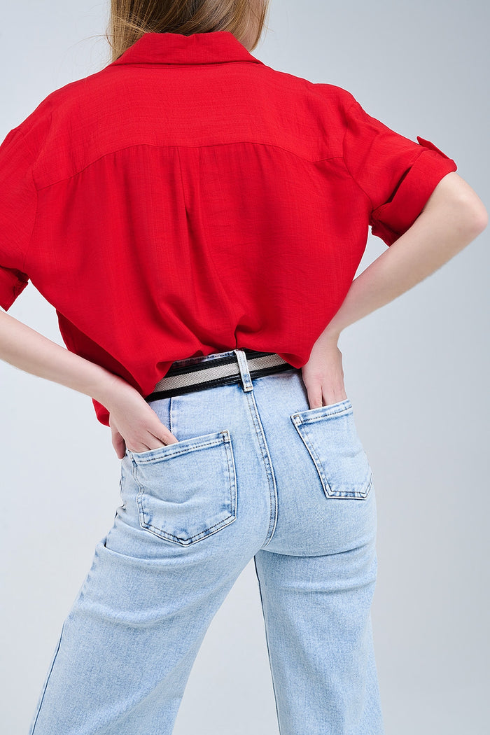 Red shirt with short sleeves and pleat on the sleeve - Shirts