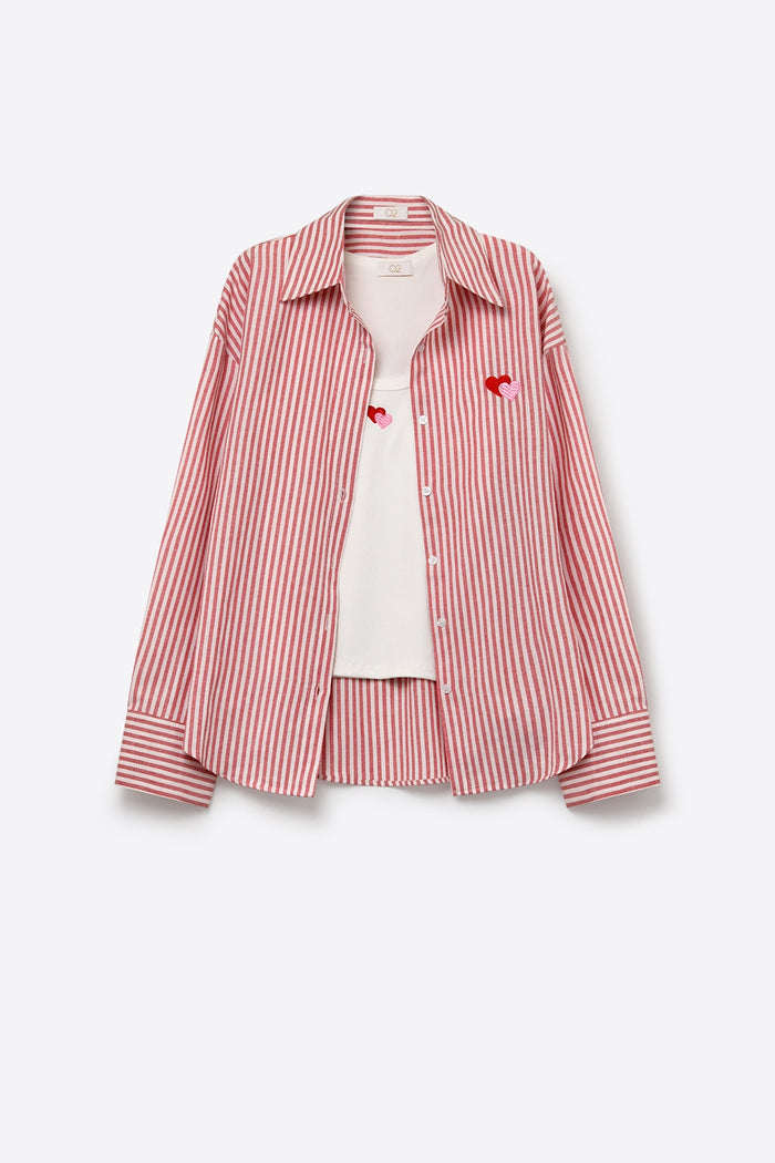 Red Stripe Cotton Embroidered Heart Set t-shirt and shirt 2 pieces - Shirts