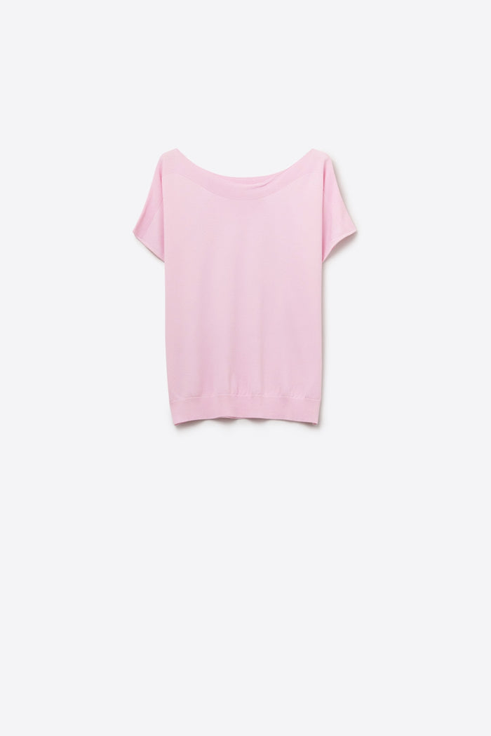 Relaxed baby pink boatneck sweater with dropped sleeves
