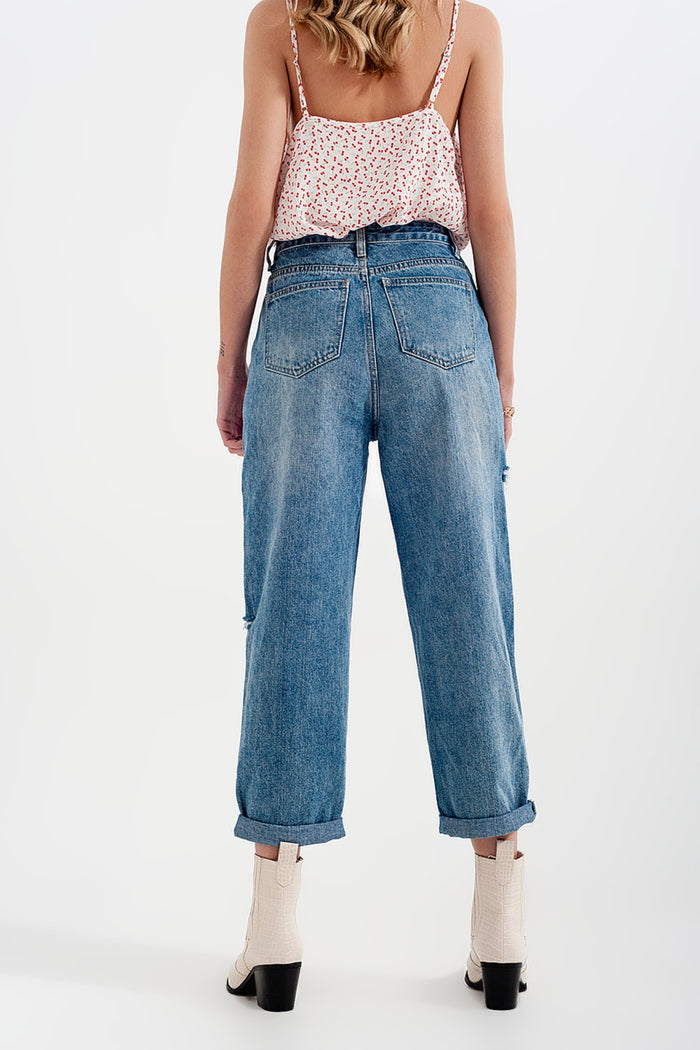 Relaxed fit side rip jeans in mid blue - Denim
