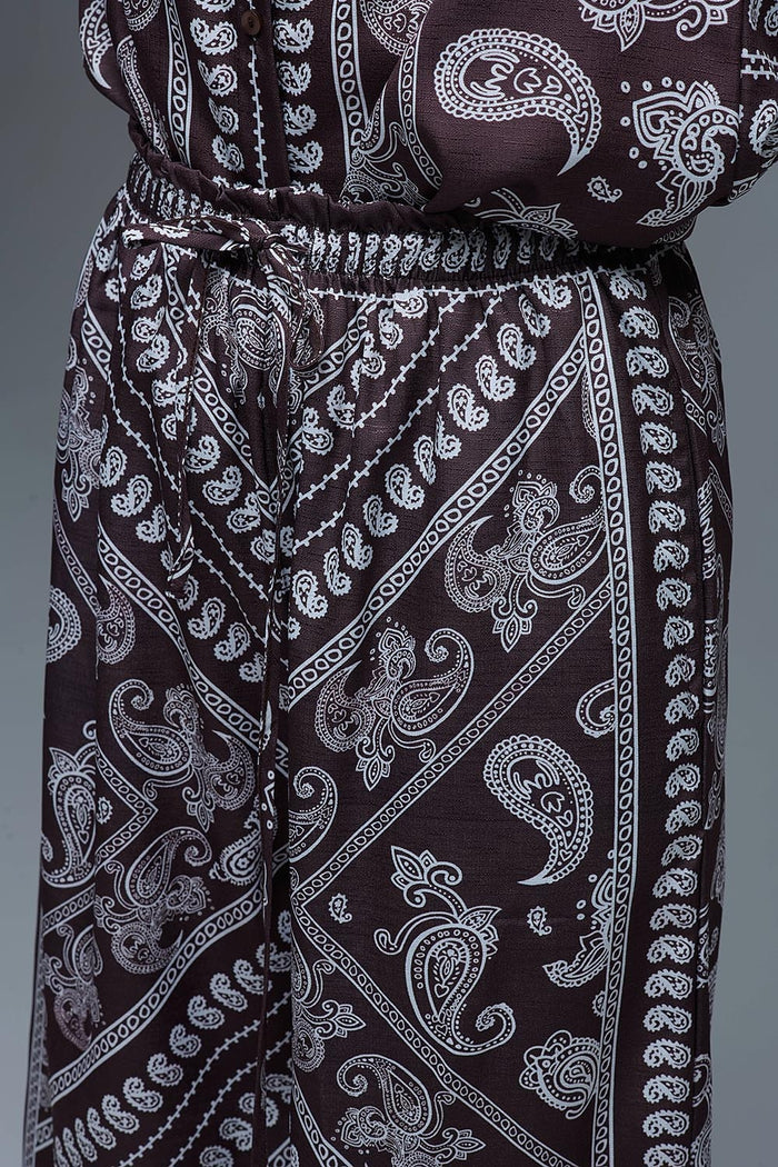Relaxed Paisley Print Pants With Adjustable Drawstring in Brown - trousers