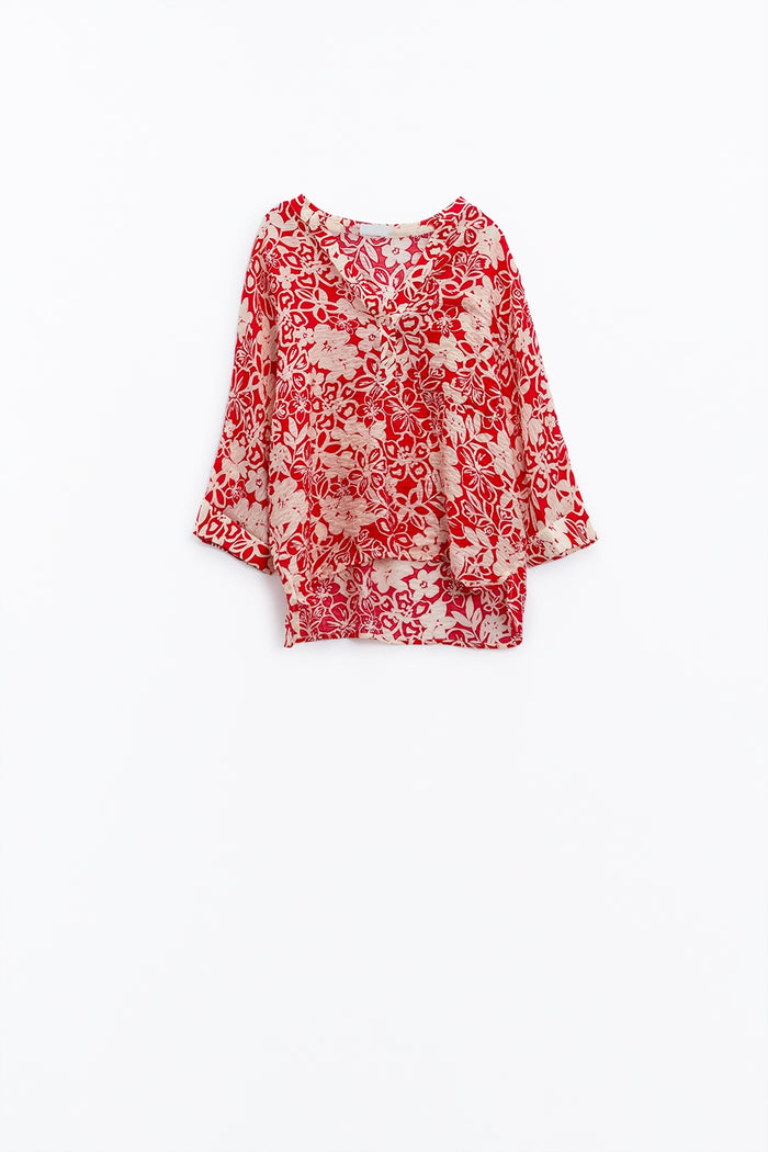 Relaxed red Floral Print Blouse With Bell Sleeves - Shirts