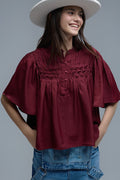 Relaxed wine-colored boho-style blouse with embroidered details - Shirts