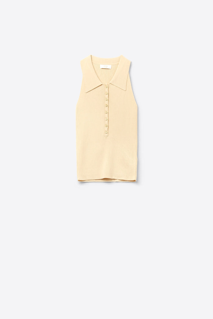 Ribbed knitted top with polo neck in butter yellow