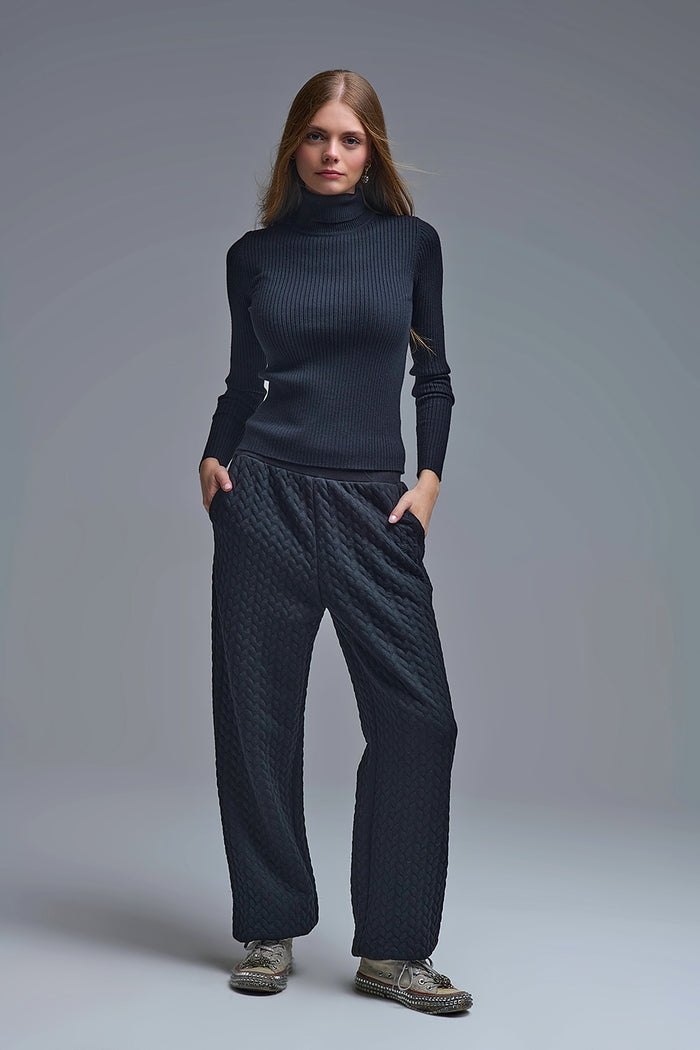 Rolled Turtle Neck Ribbed Sweater in black