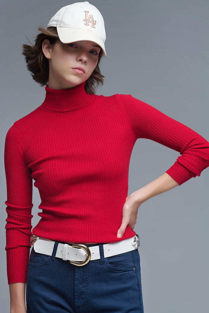 Rolled Turtle Neck Ribbed Sweater in Ruby Red