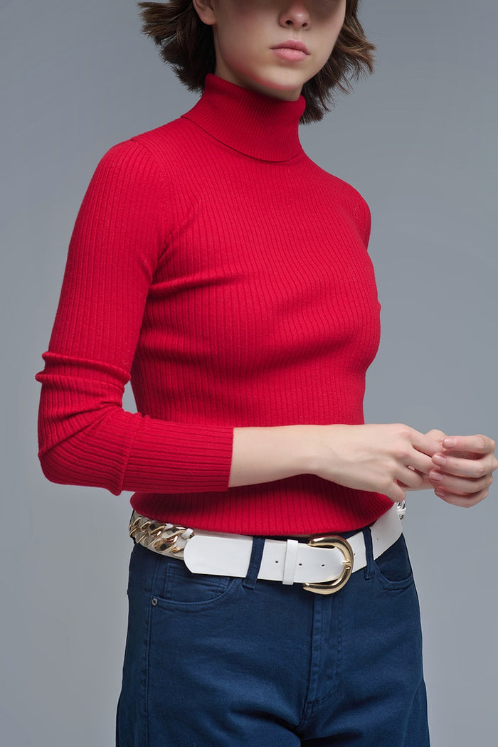 Rolled Turtle Neck Ribbed Sweater in Ruby Red