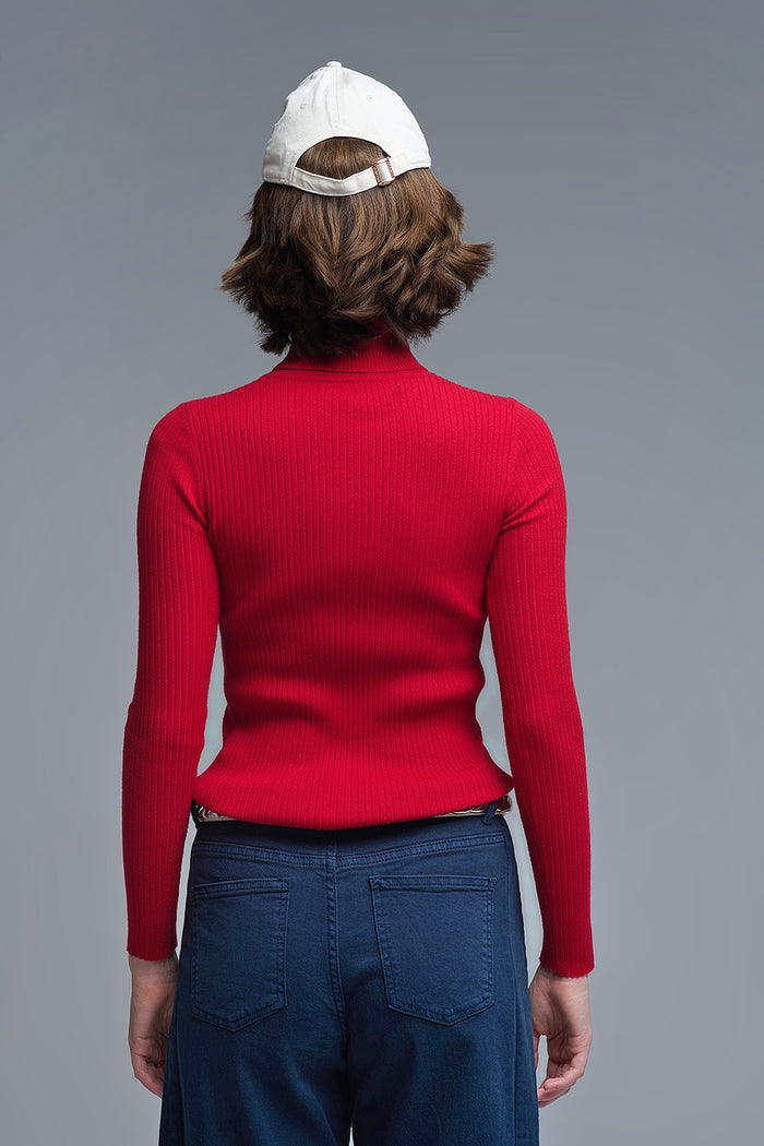 Rolled Turtle Neck Ribbed Sweater in Ruby Red
