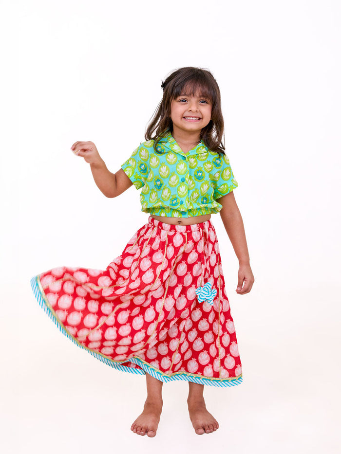 green cotton satin embroidered co-ord set for girls - Pinklay