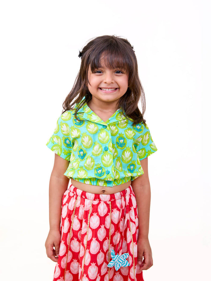 green cotton satin embroidered co-ord set for girls - Pinklay
