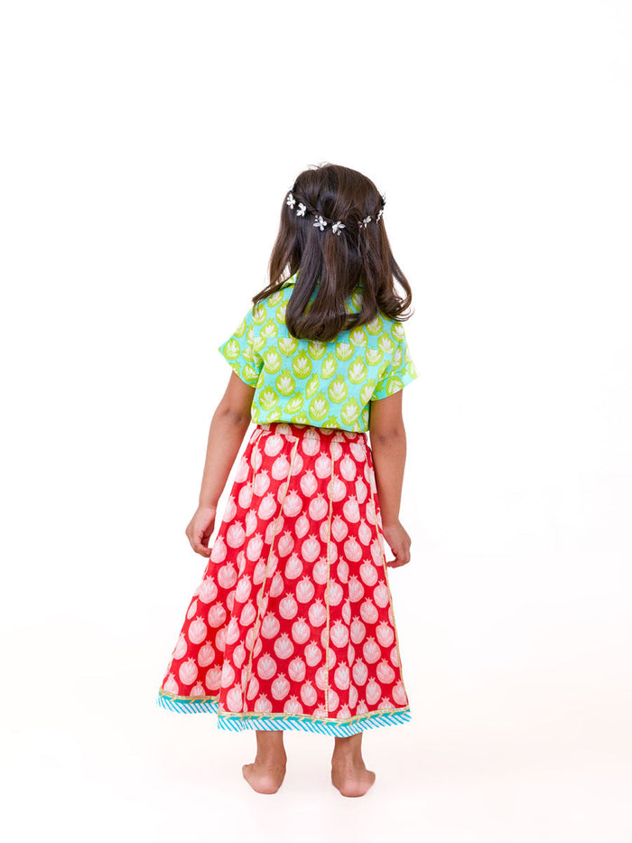 green cotton satin embroidered co-ord set for girls - Pinklay