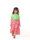 green cotton satin embroidered co-ord set for girls - Pinklay