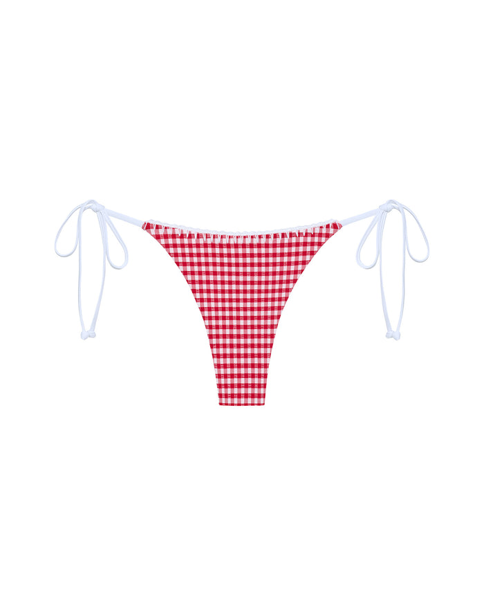 Off-model front view of the LSPACE lipstick red Samba Bikini Bottom in a red and white gingham print with white string ties, paired with the matching Samba Bikini Top.