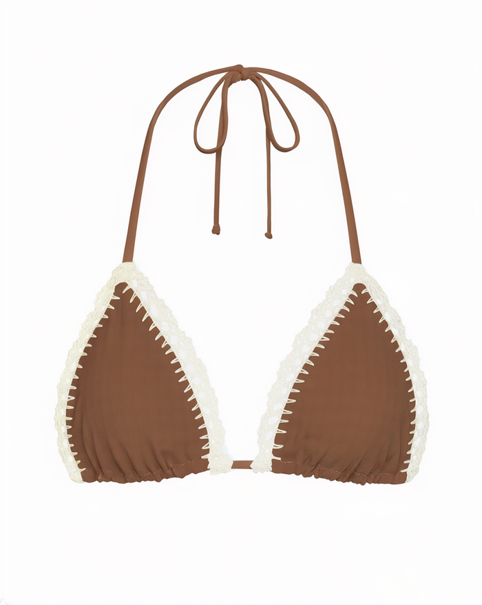 Off-model front view of the LSPACE cafe Samba Bikini Top with cream crochet trim detail.