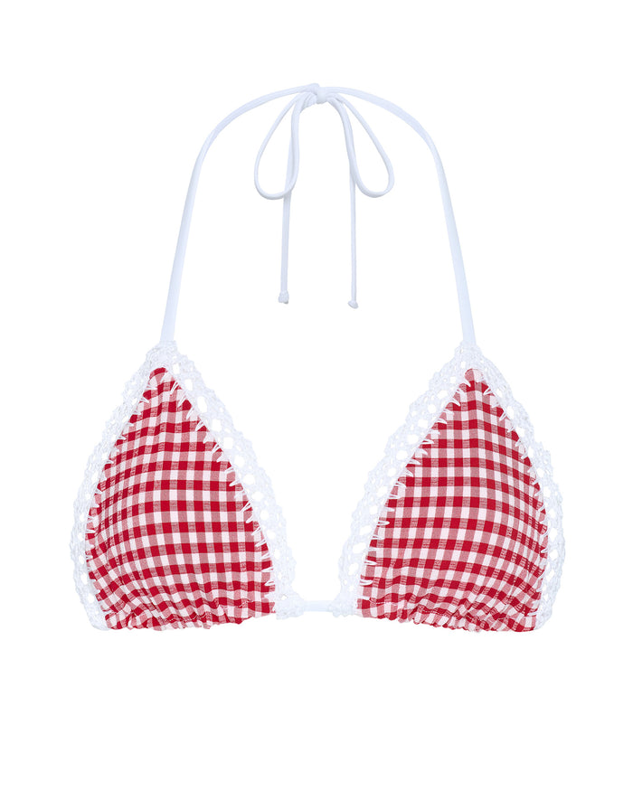 Off-model front view of the LSPACE lipstick red Samba Bikini Top in a red and white gingham print with white crochet trim and matching Samba bikini bottom.