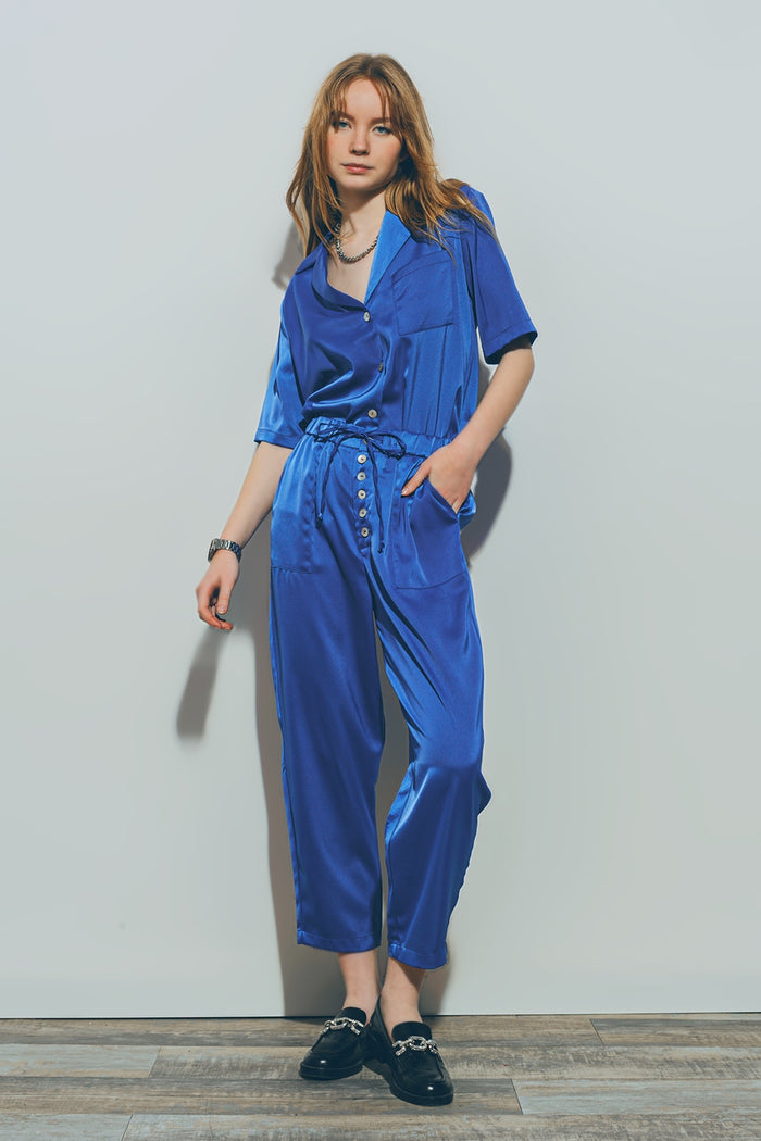 Satin Cropped Pants in Blue - trousers