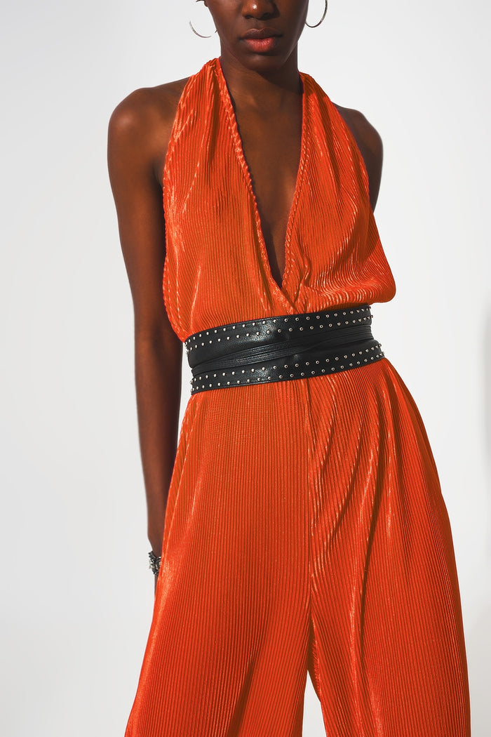 Satin halter neck pleated maxi jumpsuit in orange