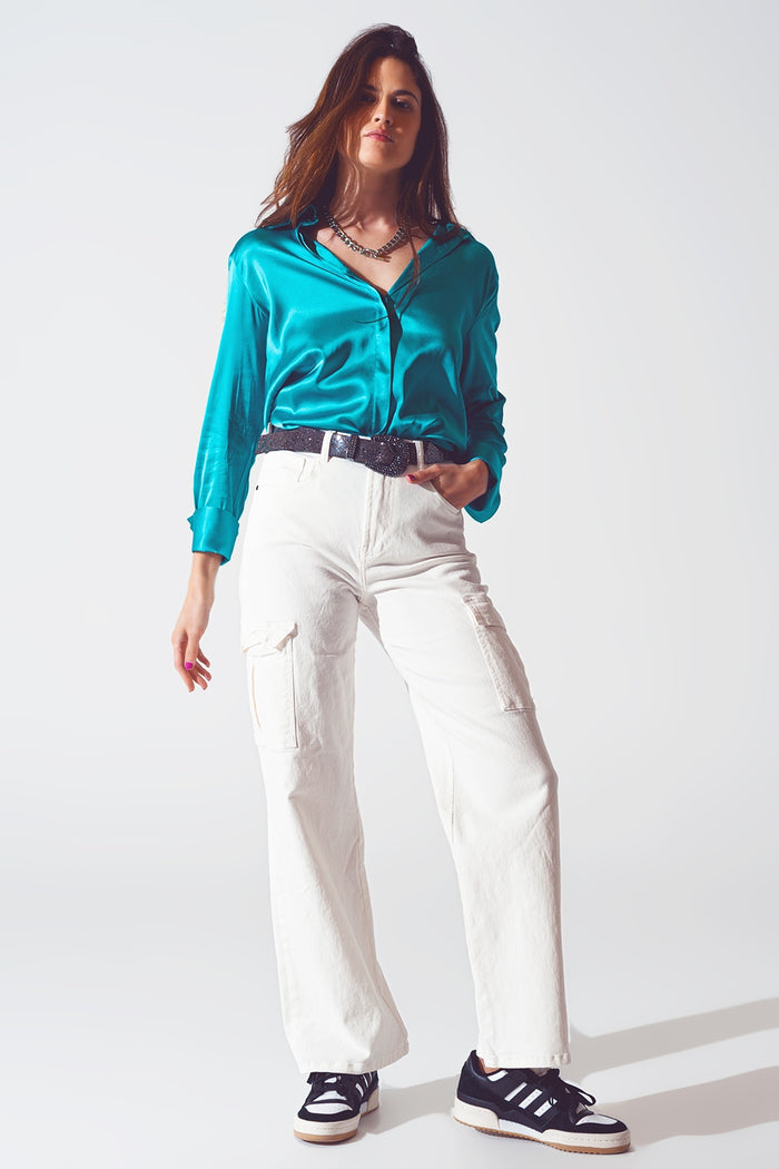 Satin shirt with split cuff in turquoise - Shirts
