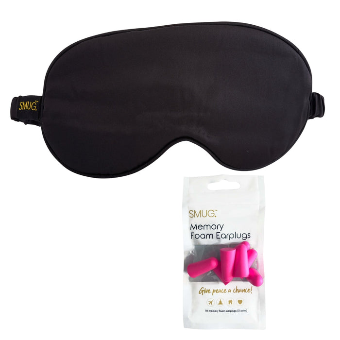 Satin Sleep Mask - Black Sleep Mask & Pink Earplugs - Satin Sleep Mask
