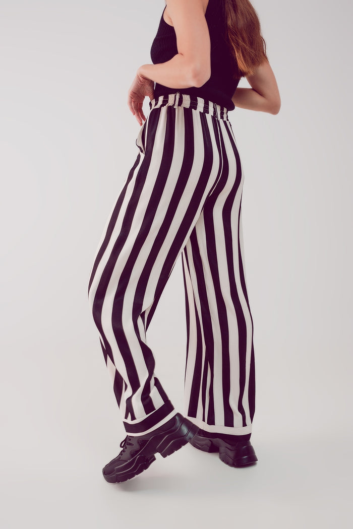 Satin wide leg stripe pants in black - trousers