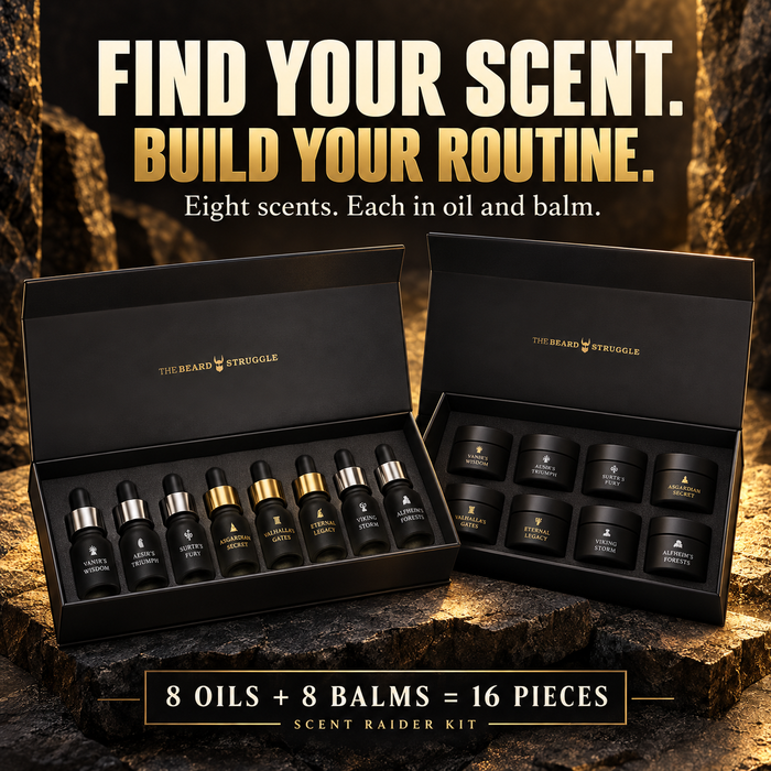 Scent Raider Sample Kit open boxes showing eight beard oil bottles and eight beard balm jars, headline Find Your Scent Build Your Routine, 8 oils plus 8 balms equals 16 pieces